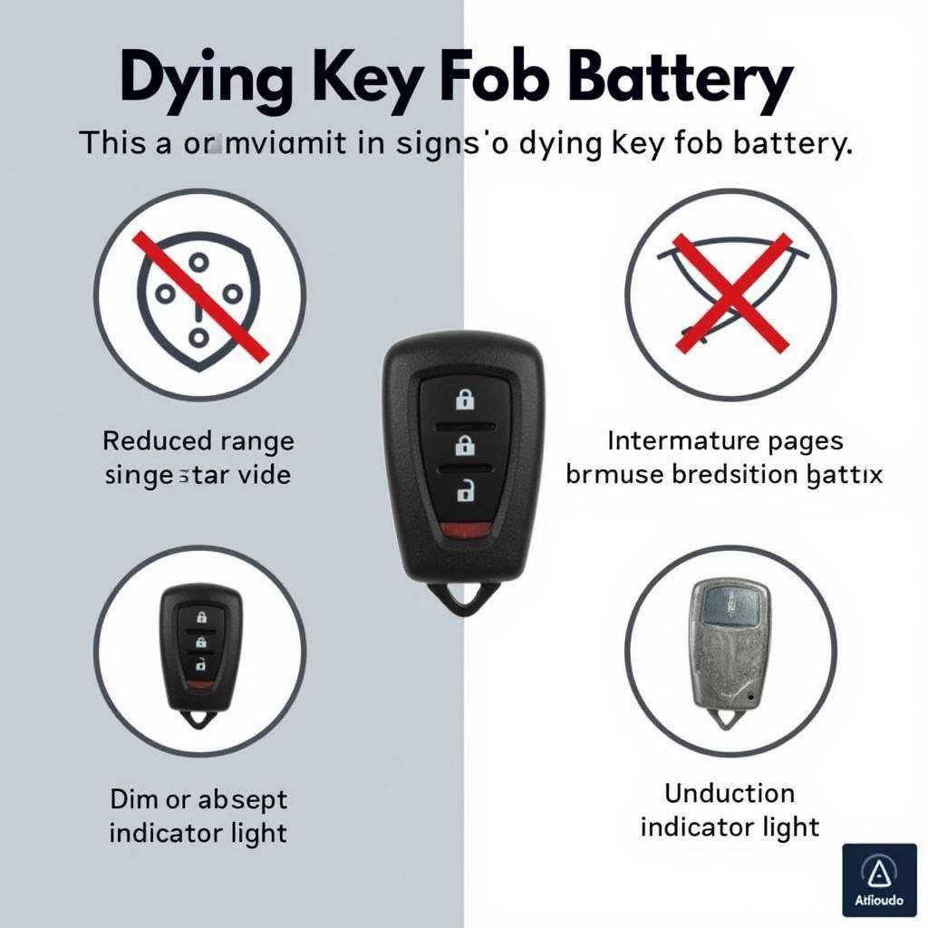 Signs of a Dying 2015 Toyota Camry Key Fob Battery: Illustration of decreased range, intermittent function, and dim indicator light.