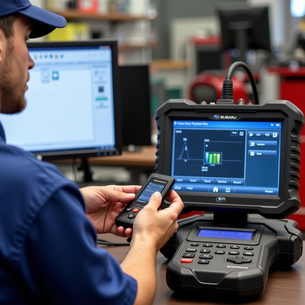 A technician using diagnostic equipment to program a Subaru Impreza key fob at a car dealership.