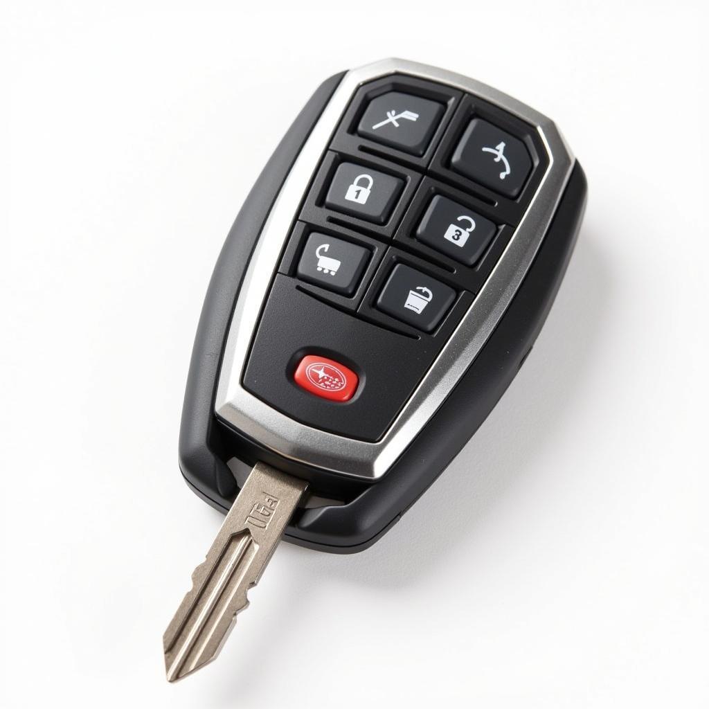 A Subaru Outback key fob with the metal key inserted.