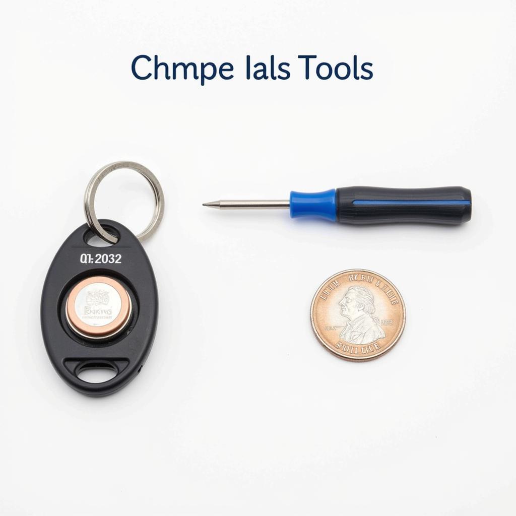 Tools needed for Subaru Outback key fob battery replacement, including a CR2032 battery and a flathead screwdriver.