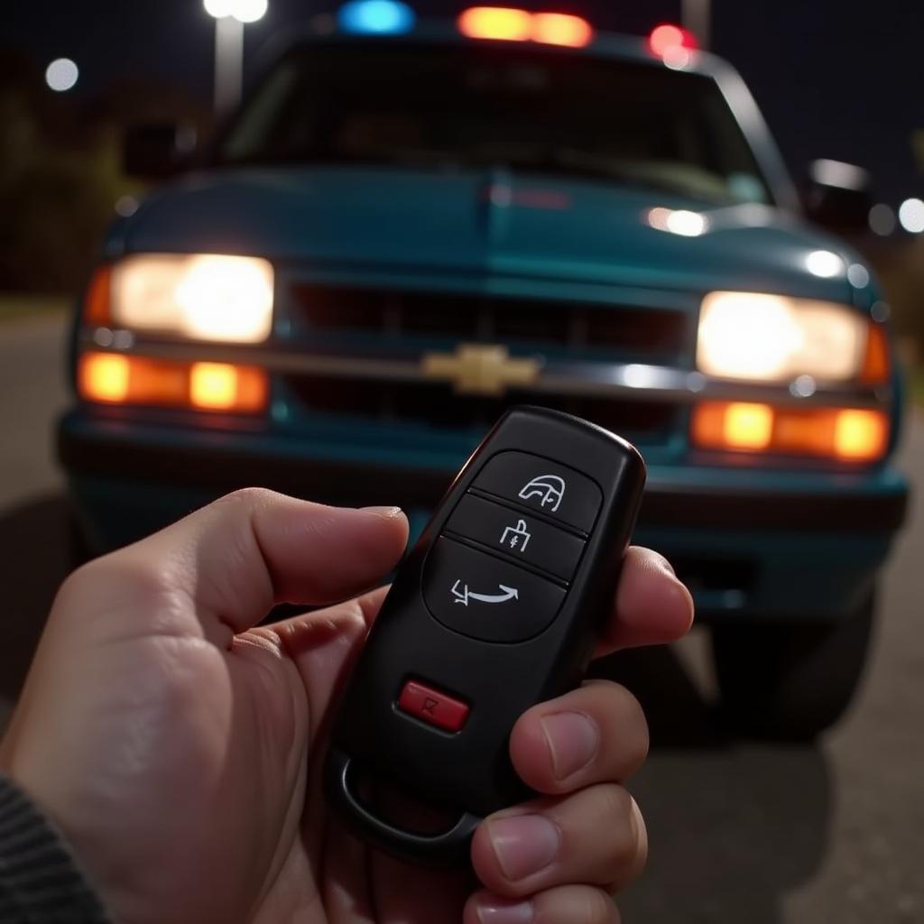 A person pressing the lock button on a 1998 Chevrolet Blazer key fob, with the vehicle's lights flashing in the background to indicate a successful operation.