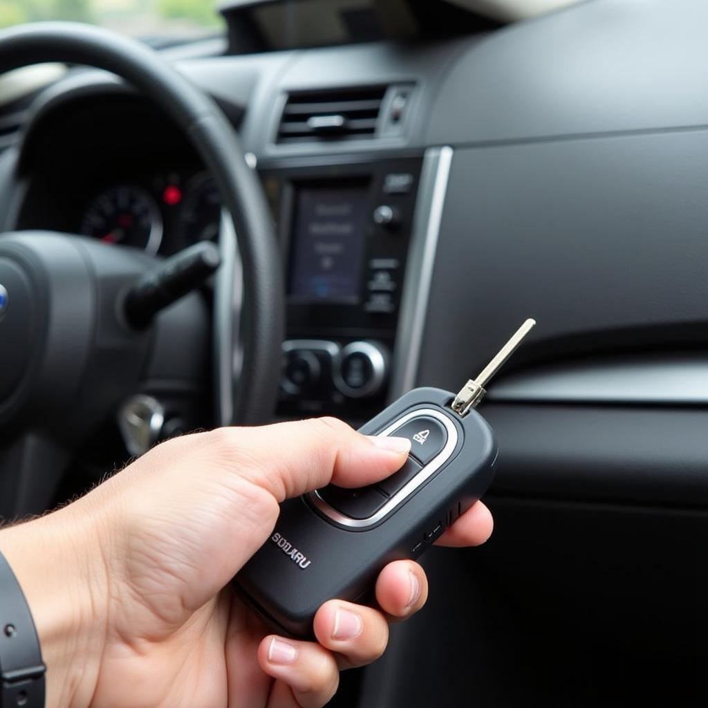 Testing the functionality of a 2016 Subaru Forester key fob after battery replacement by attempting to lock and unlock the vehicle.