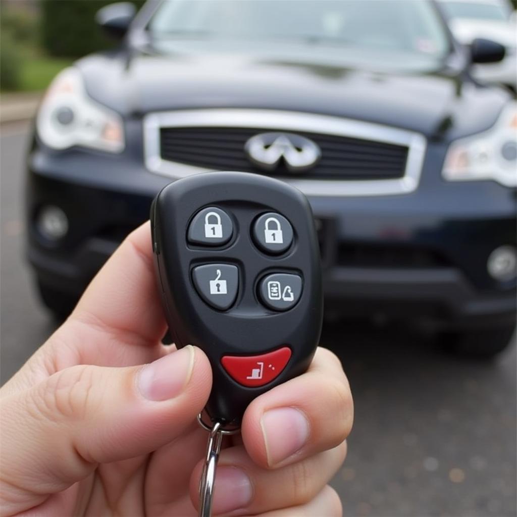 Testing the Infiniti FX35 Key Fob after Battery Replacement: Demonstrating how to test the key fob's functionality after a battery change, including locking/unlocking the car and starting the engine.