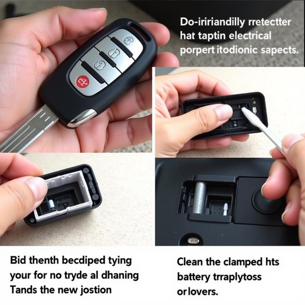 Toyota Venza Key Fob Maintenance Tips: A hand holding a 2011 Toyota Venza key fob, demonstrating how to clean the contacts with a cotton swab and alcohol.