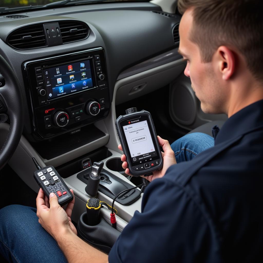 A technician using a diagnostic tool to troubleshoot a 01 tracker key fob receiver in a car.