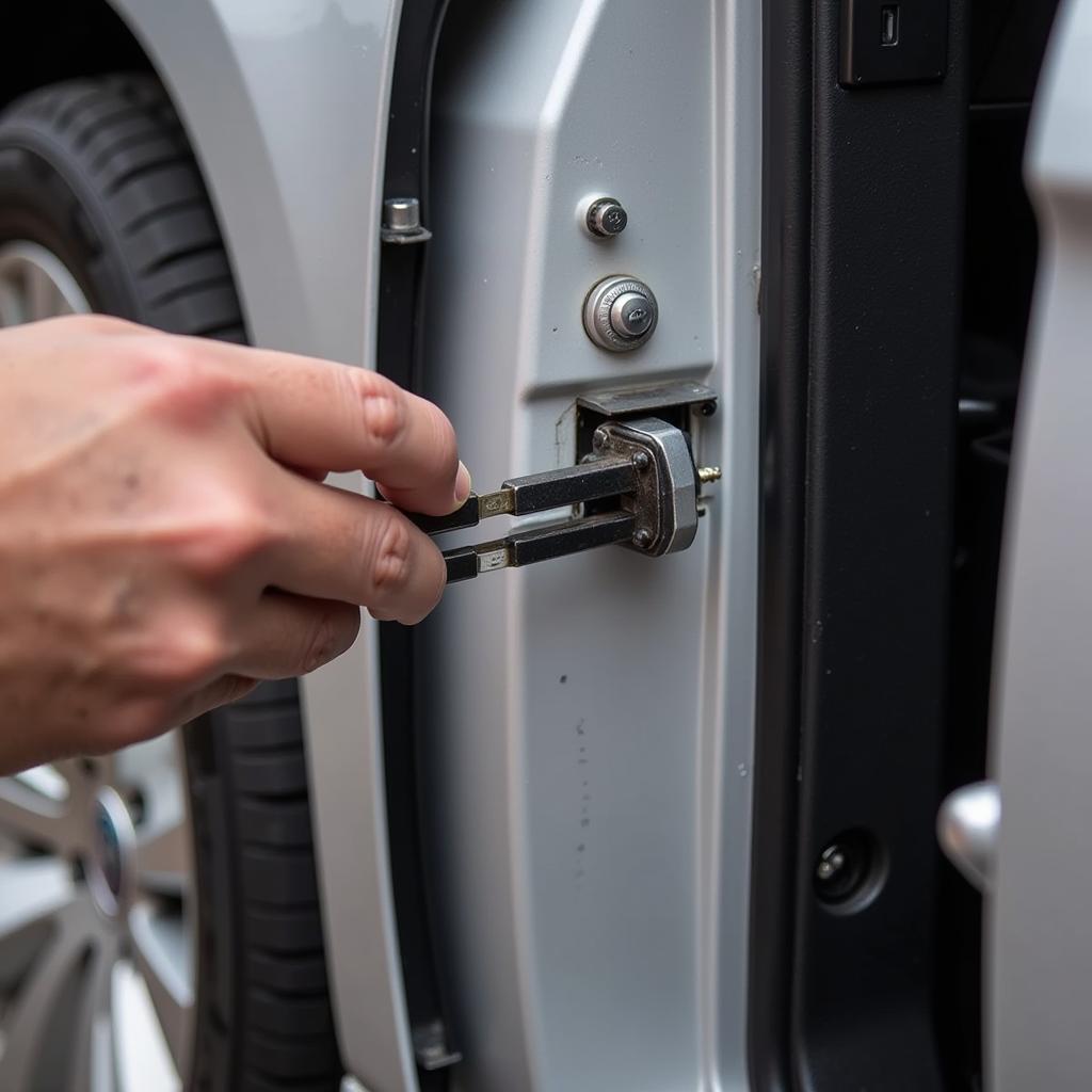 Using a Slim Jim on a VW CC - Close-up of a hand carefully using a slim jim to unlock a car door.