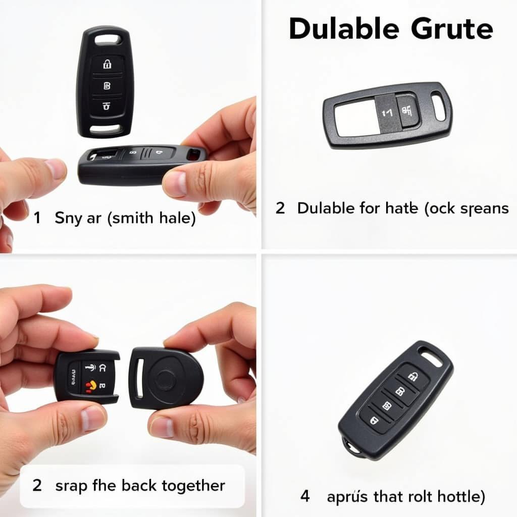 Closing and snapping shut the two halves of a Volvo V70 key fob after battery replacement.