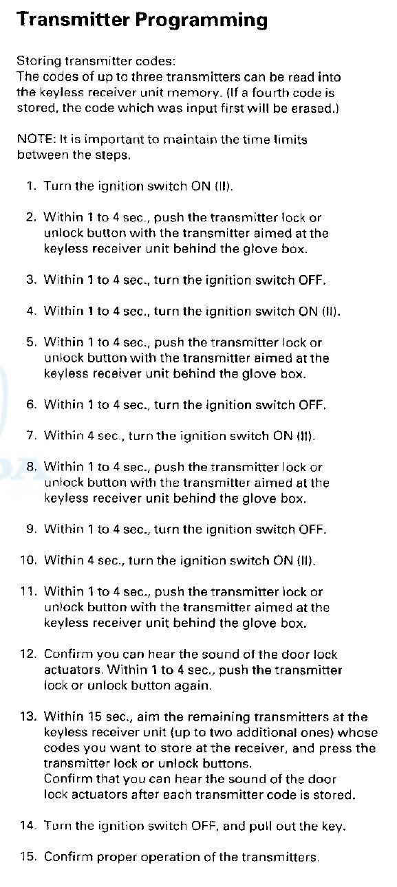 Programming procedure diagram for 1998-2002 Honda Accord keyless transmitter, illustrating key fob programming steps.