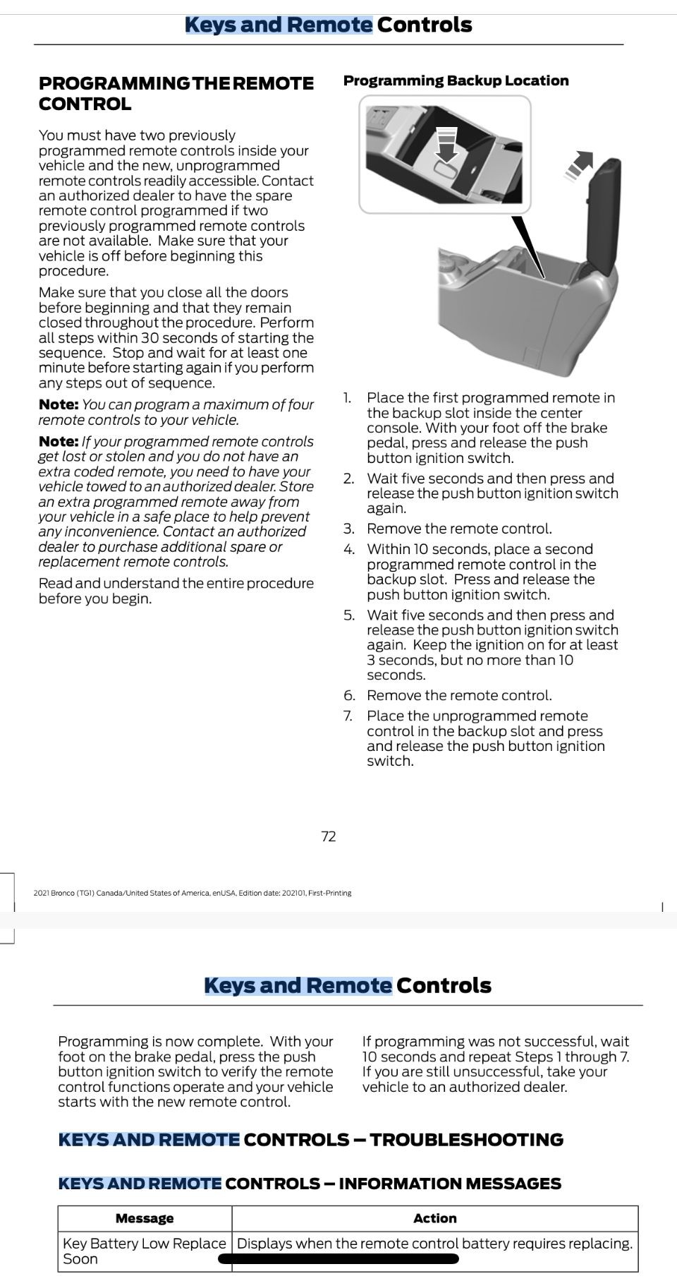 Ford Bronco Sport owner's manual page 72 showing instructions for programming a new key fob, as referenced for DIY key programming.