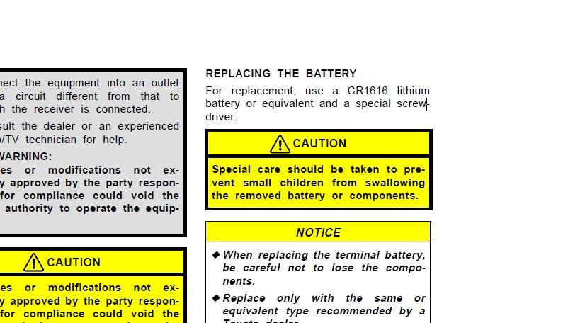 Owner's manual excerpt indicating the CR1616 battery for Toyota Land Cruiser key fob