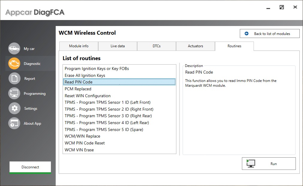 Appcar DiagFCA software interface showing the location of the 'Read PIN Code' routine within the WCM diagnostic menu, highlighting its function for retrieving the vehicle's security PIN.