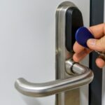 Commercial key fob door lock system commonly used in modern office buildings for enhanced access control