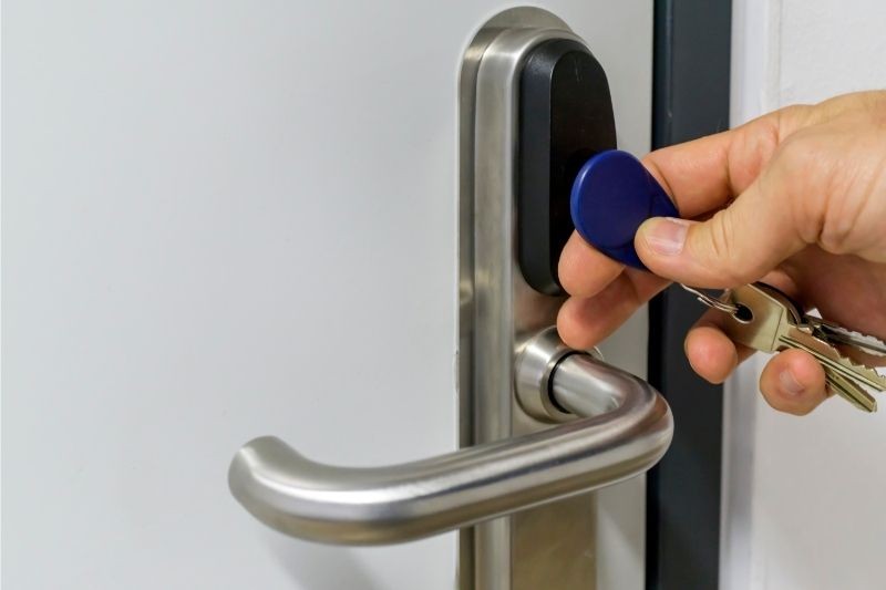 Commercial key fob door lock system commonly used in modern office buildings for enhanced access control