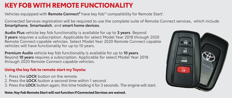 Toyota remote start key fob functionality for up to ten years without subscription