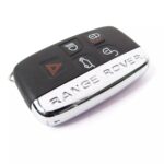 Land Rover key fob replacement cover on a 5-button folding remote key, showcasing the product's design and button layout.