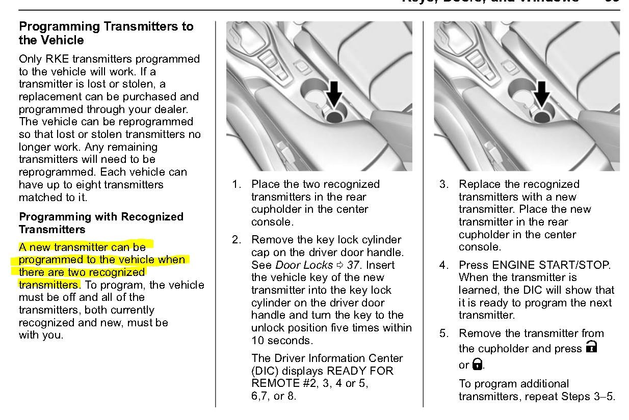 2018 Camaro owner's manual page stating two working key fobs are needed for programming additional remotes.