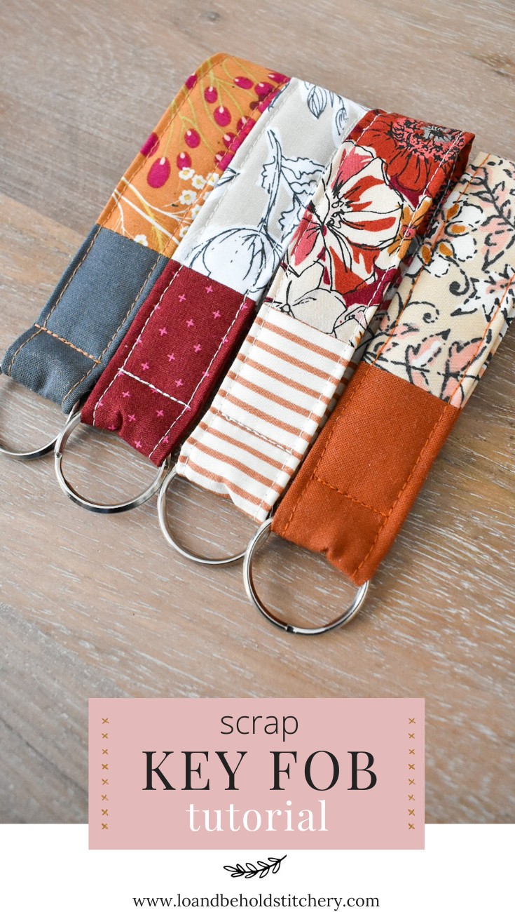 Fabric key fob project showcasing colorful fabric scraps and key rings, ideal for DIY enthusiasts