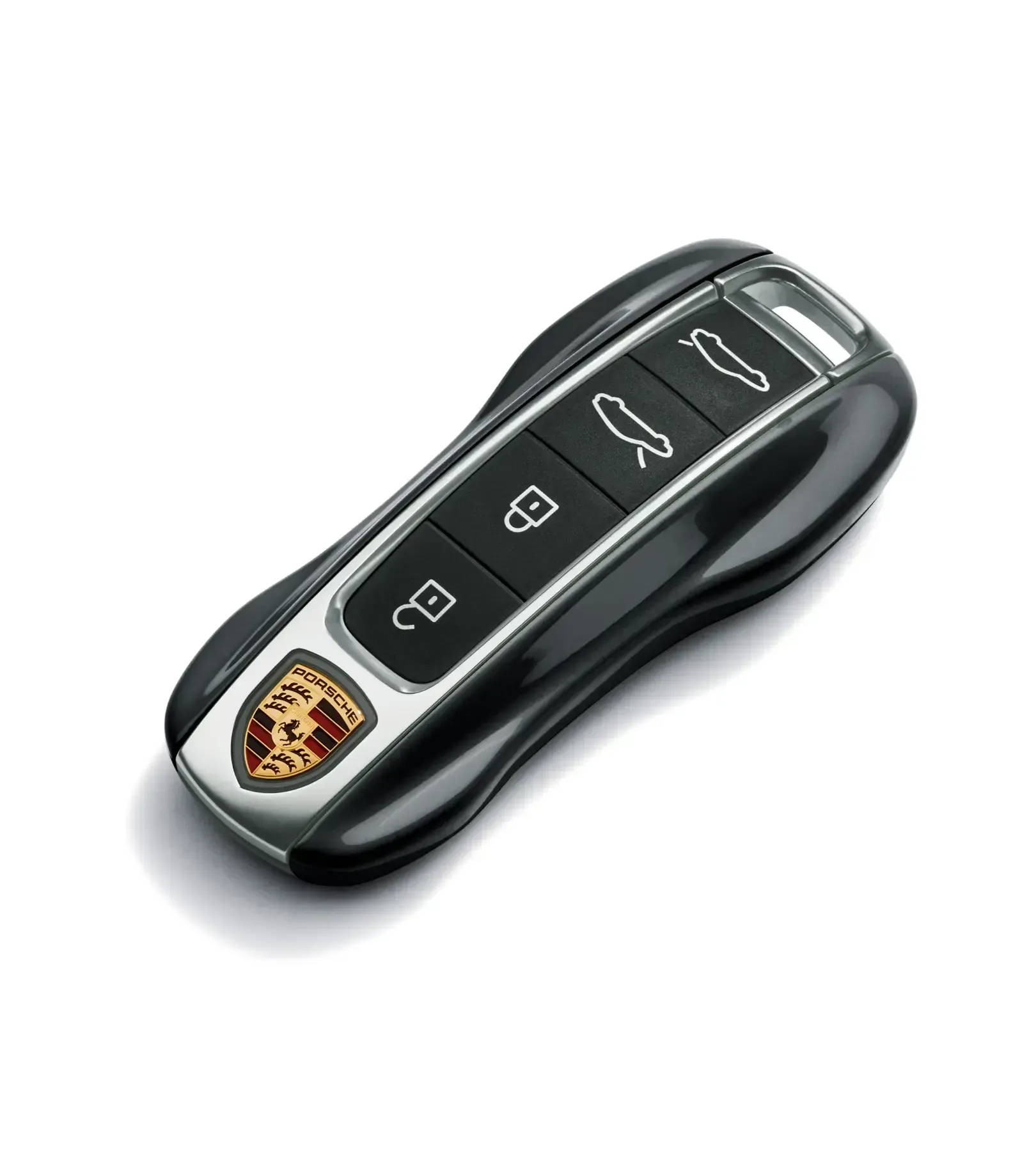 Close-up of a Porsche key fob, illustrating key battery replacement guide