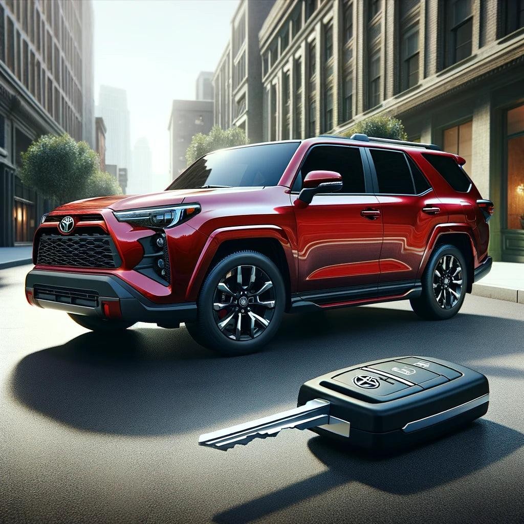 Sleek red Toyota 4Runner parked on an urban street with key fob displayed on pavement, highlighting modern vehicle key replacement topic.